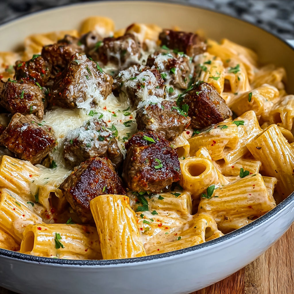 A bowl of pasta with meat and cheese.