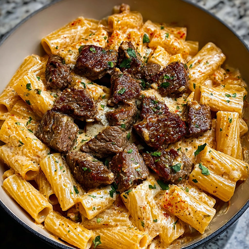 A bowl of Cajun Steak Tips in Cheesy Rigatoni Parmesan Sauce.
