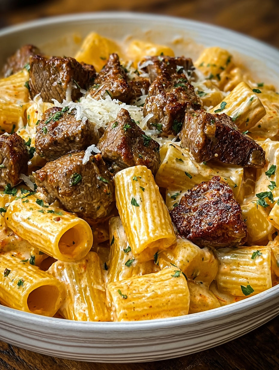 A bowl of pasta with meat and cheese.