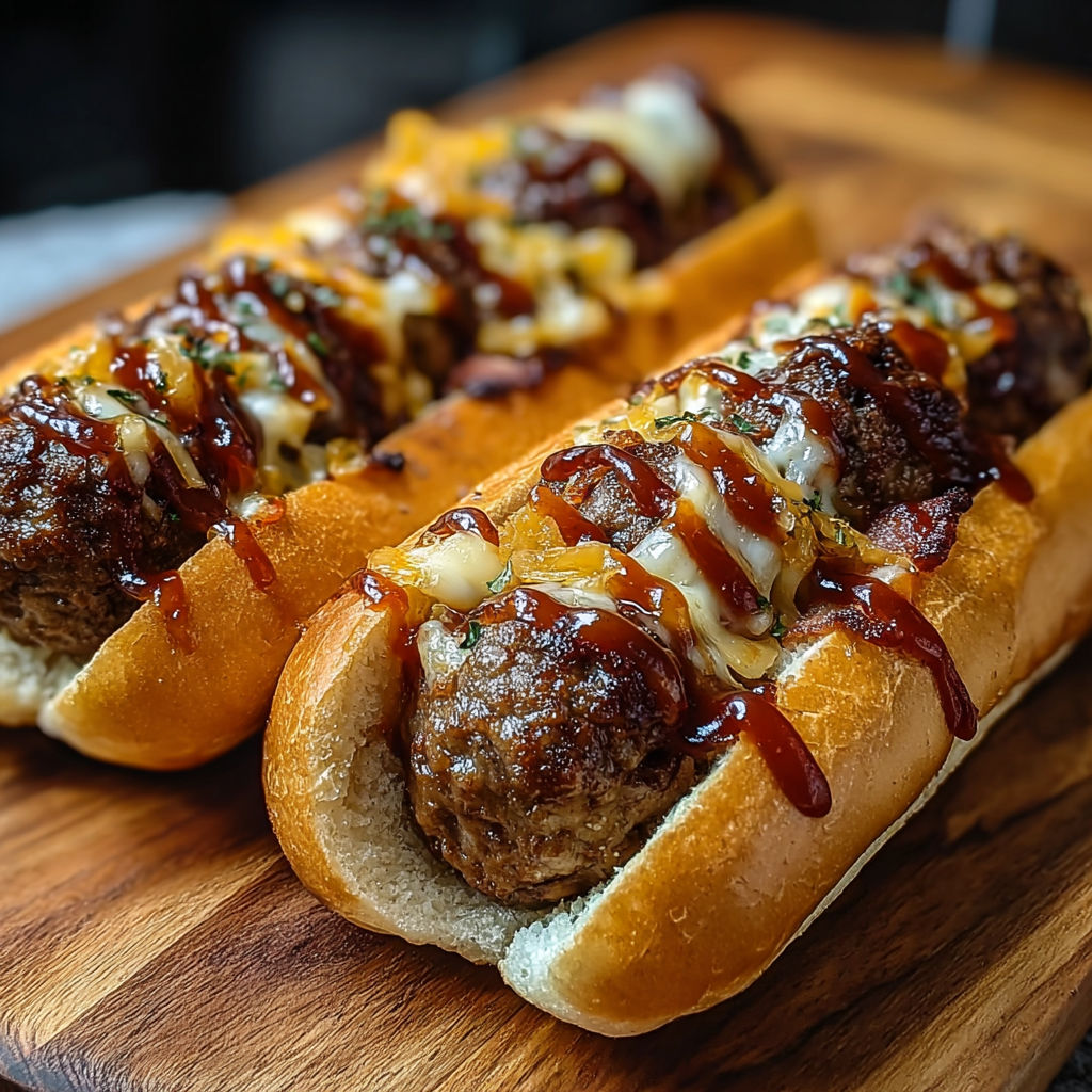 Two meatball subs with cheese and bacon.