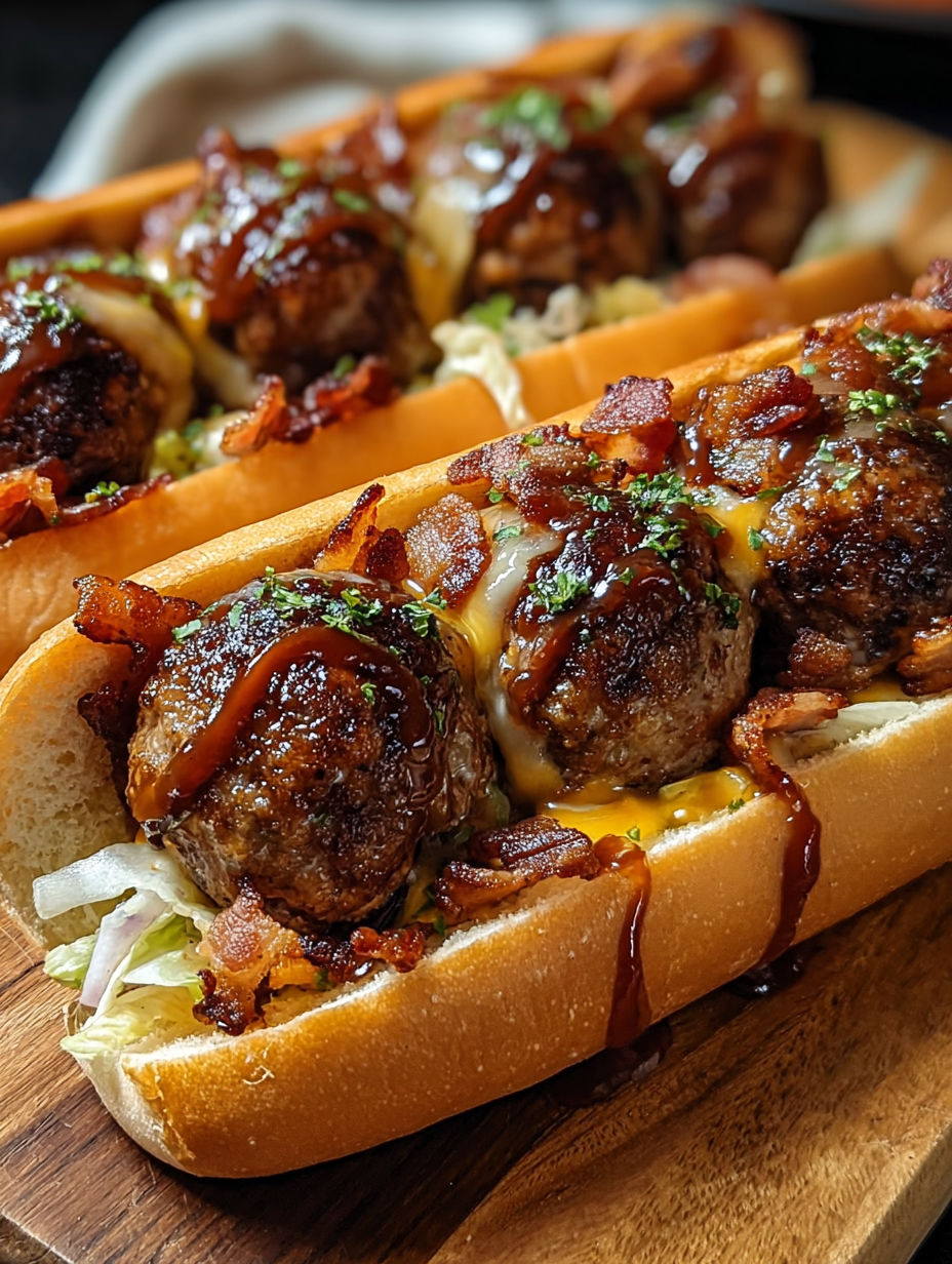A close up of a bourbon BBQ bacon cheeseburger meatball sub.