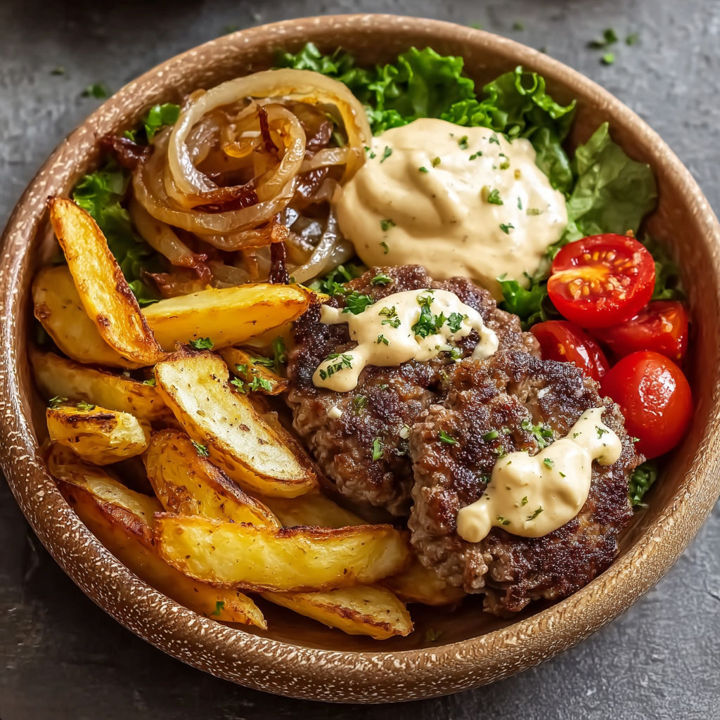 A bowl of food with a burger and fries.
