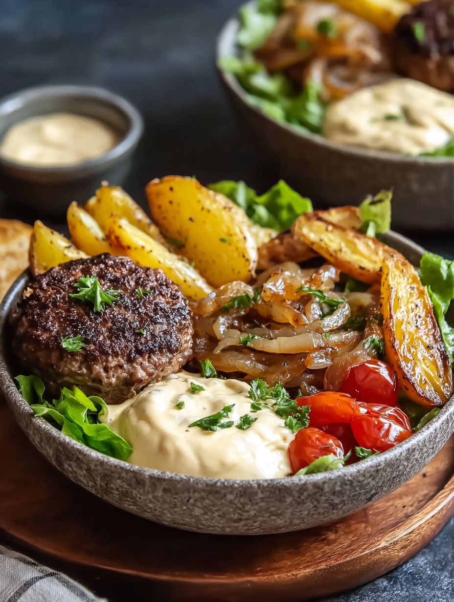 A bowl of food with a burger and onions.