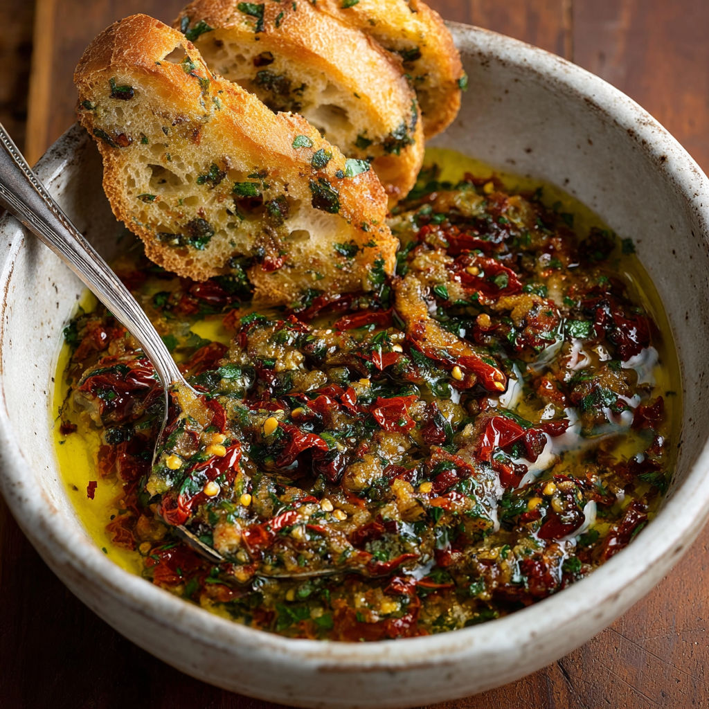 A bowl of sun dried tomato olive oil bread dip.