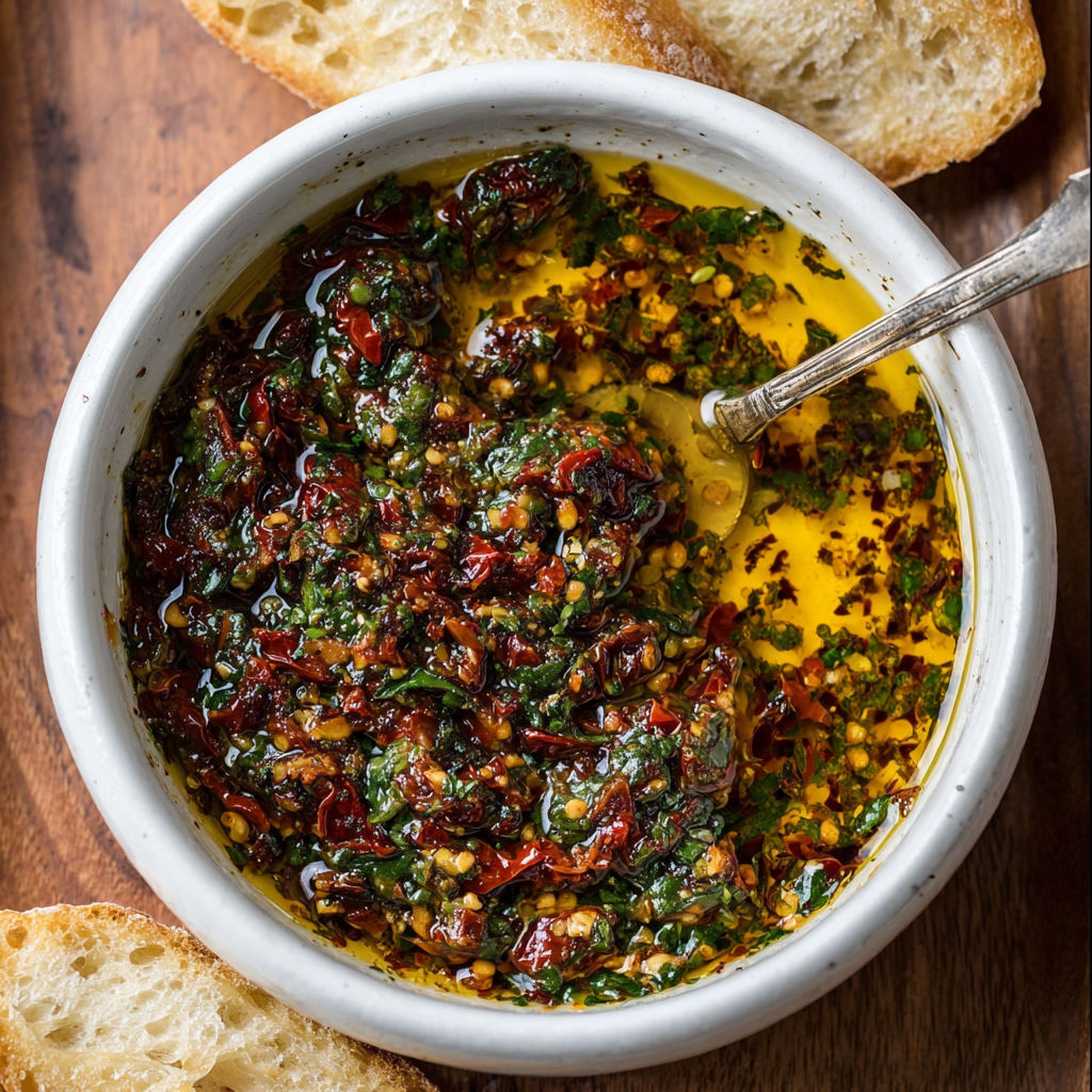A bowl of sun dried tomato olive oil bread dip.