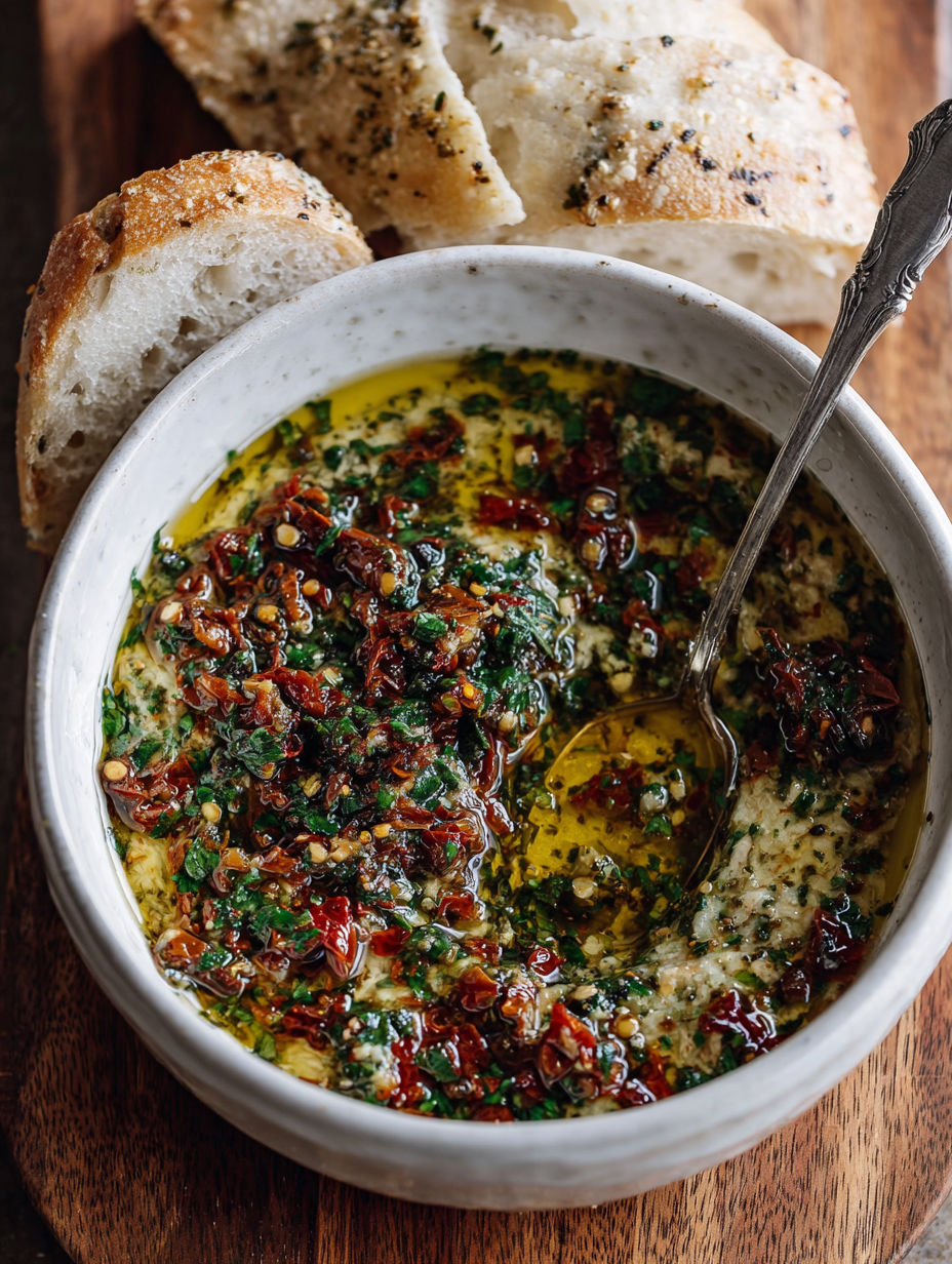 A bowl of sun dried tomato olive oil bread dip.