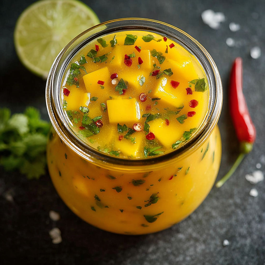A glass of sweet and spicy mango salad dressing.