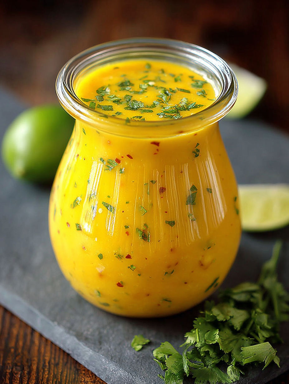 A glass jar of sweet and spicy mango salad dressing.