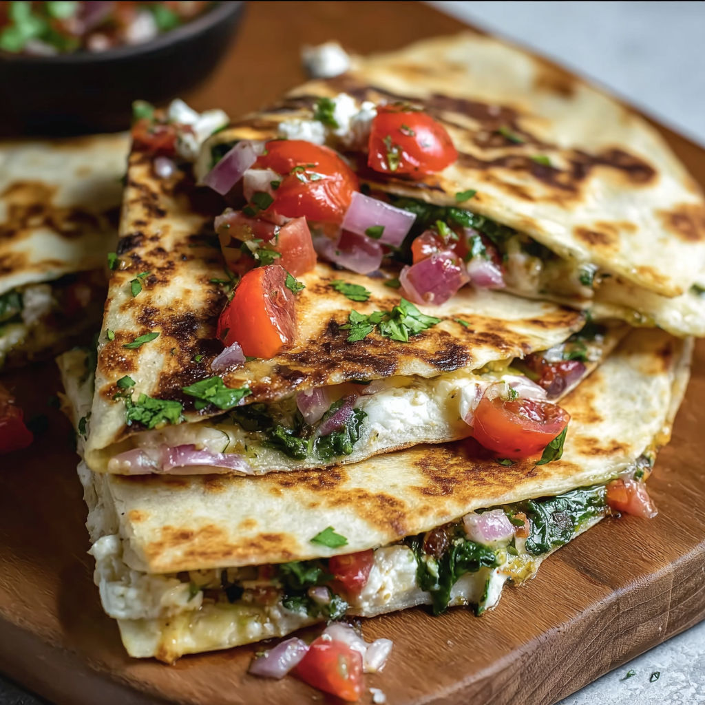A stack of Mediterranean quesadillas with spinach, feta, mozzarella, and red onion.