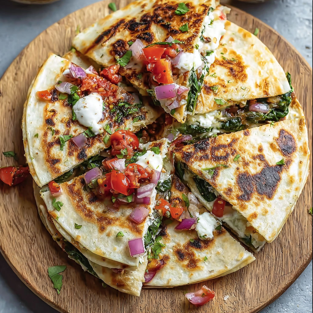 A quesadilla with spinach, feta, mozzarella, and red onion.