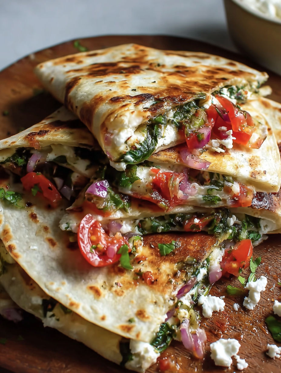 A stack of quesadillas with spinach, feta, mozzarella, and red onion.