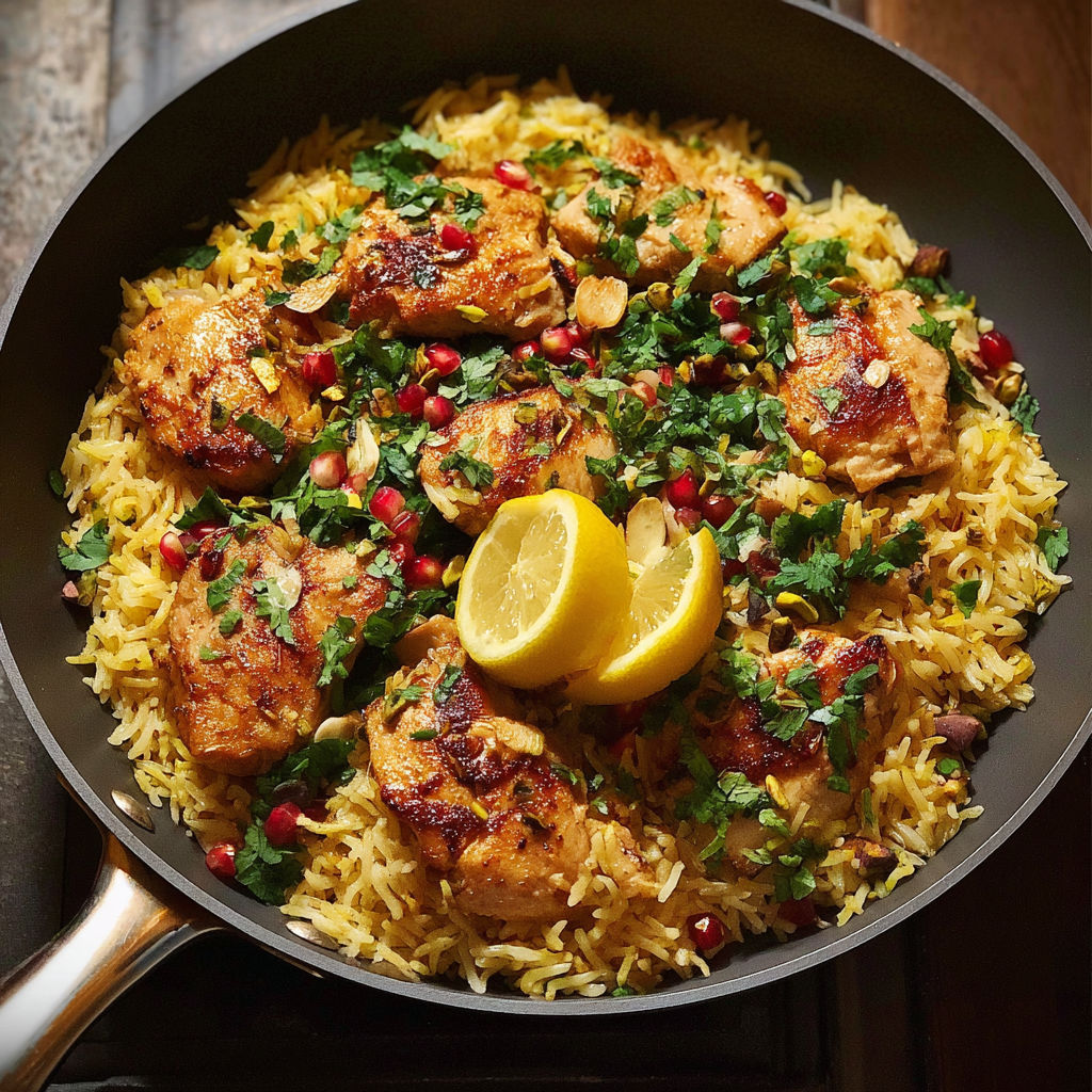 A pan of Persian-style chicken pilaf with a lemon wedge on top.