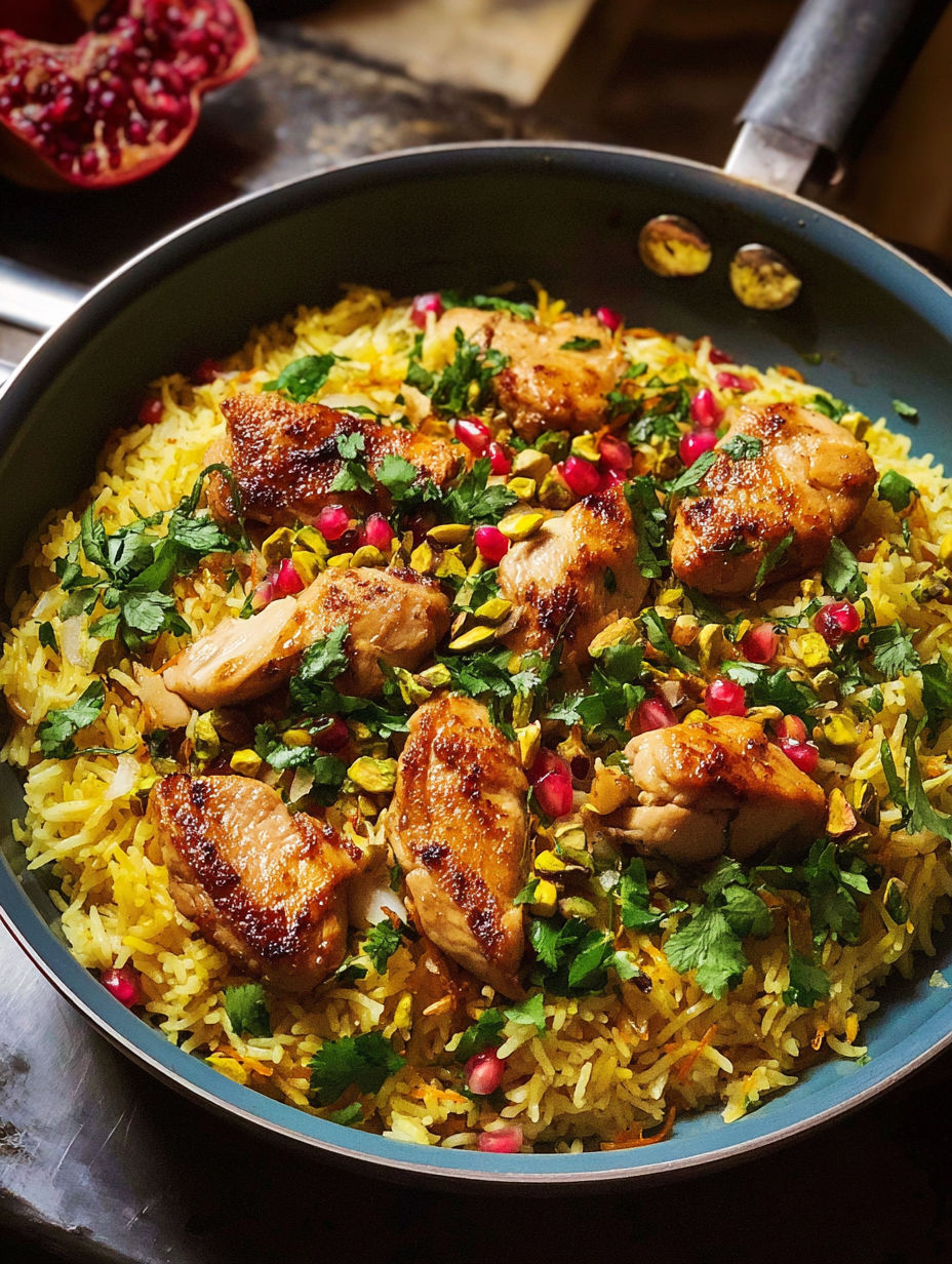 A plate of Persian-style chicken pilaf.