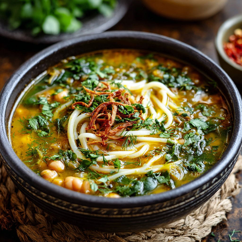 A bowl of Persian noodle soup with vegetables and noodles.