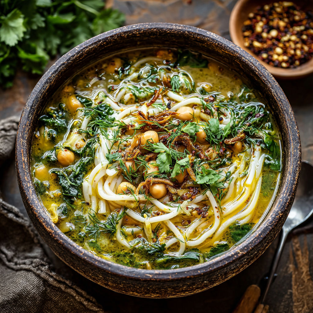 A bowl of Persian noodle soup with vegetables.