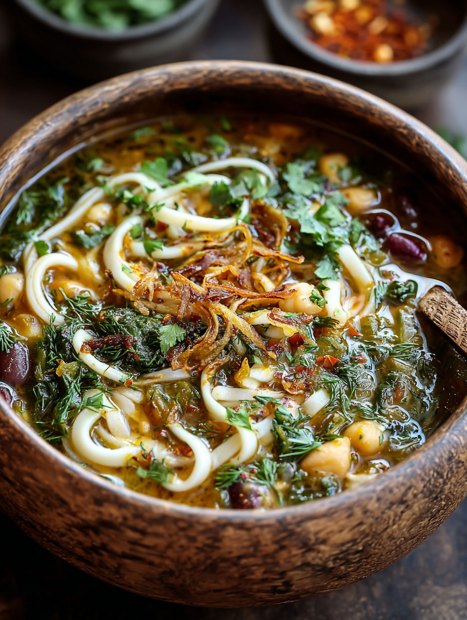 A bowl of Persian noodle soup with vegetables.