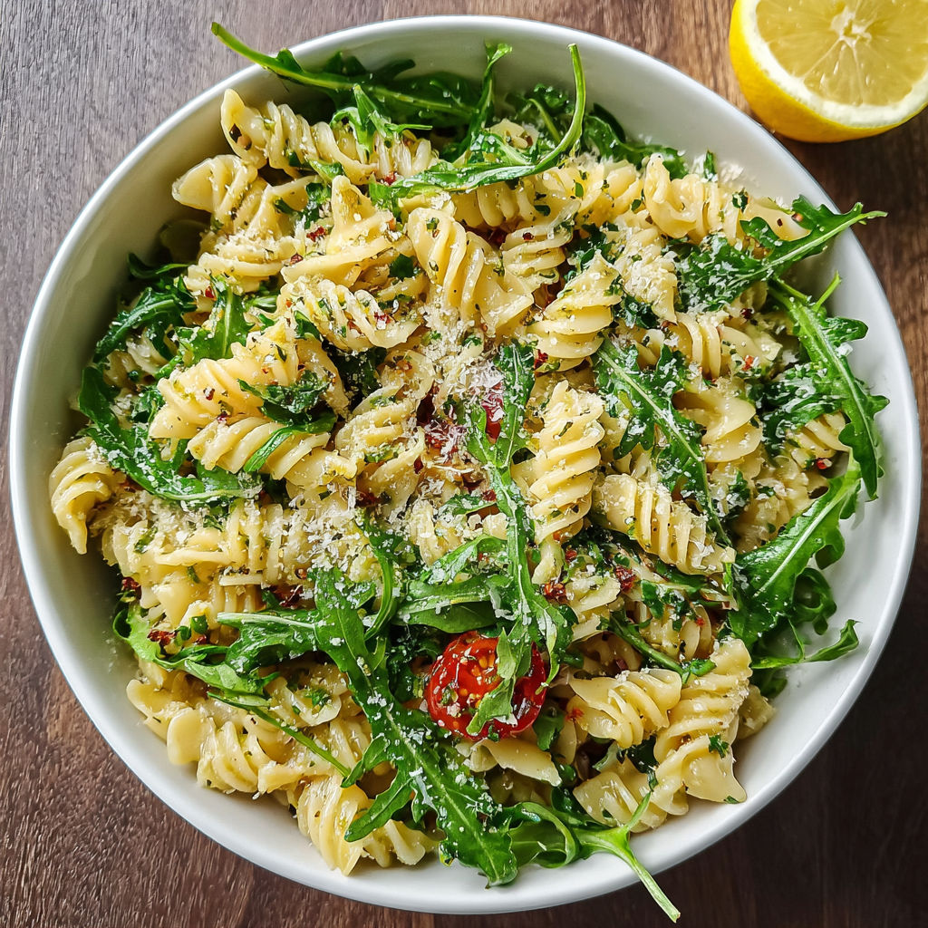 A bowl of pasta salad with arugula and lemon.