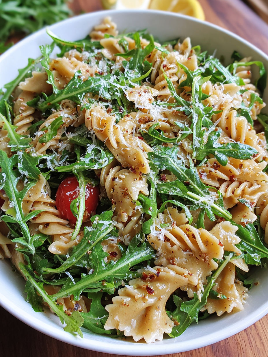 A bowl of pasta salad with tomatoes and arugula.