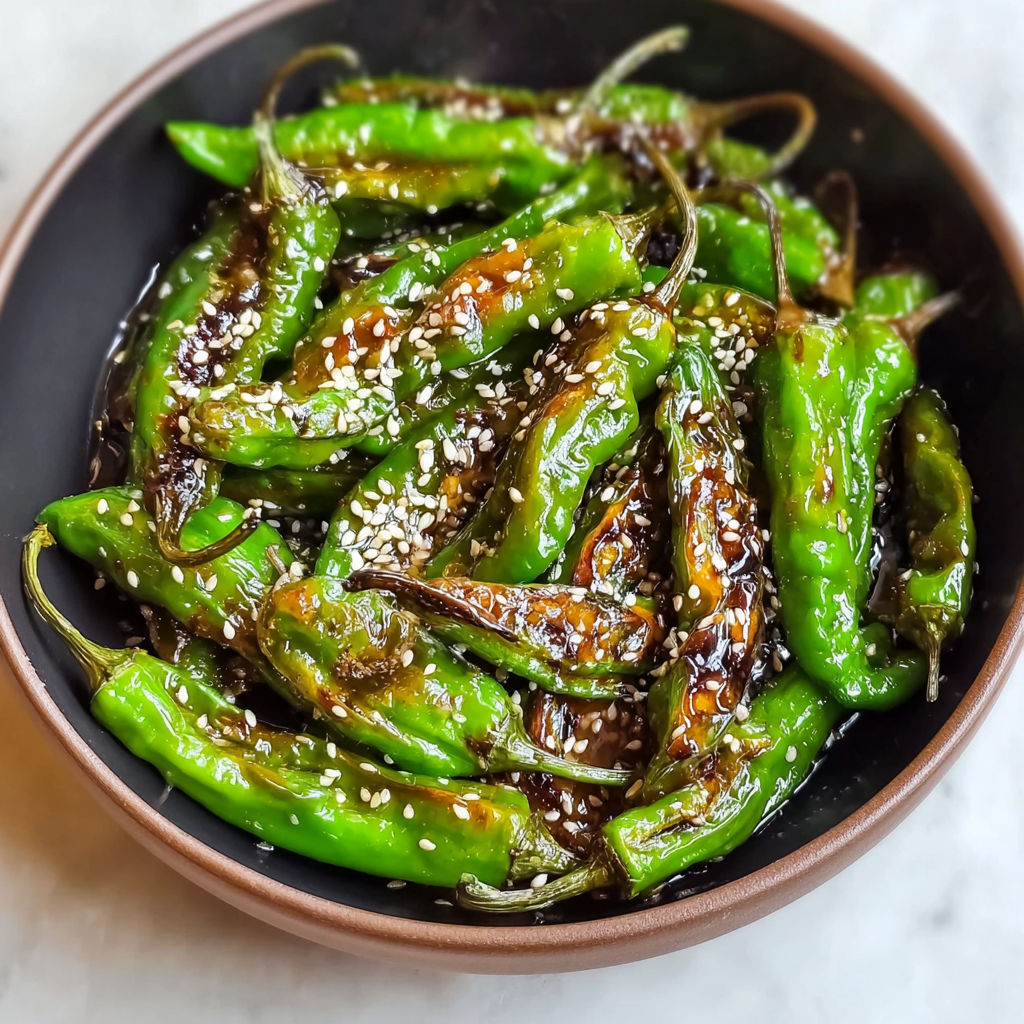 A bowl of shishito peppers with a sauce.