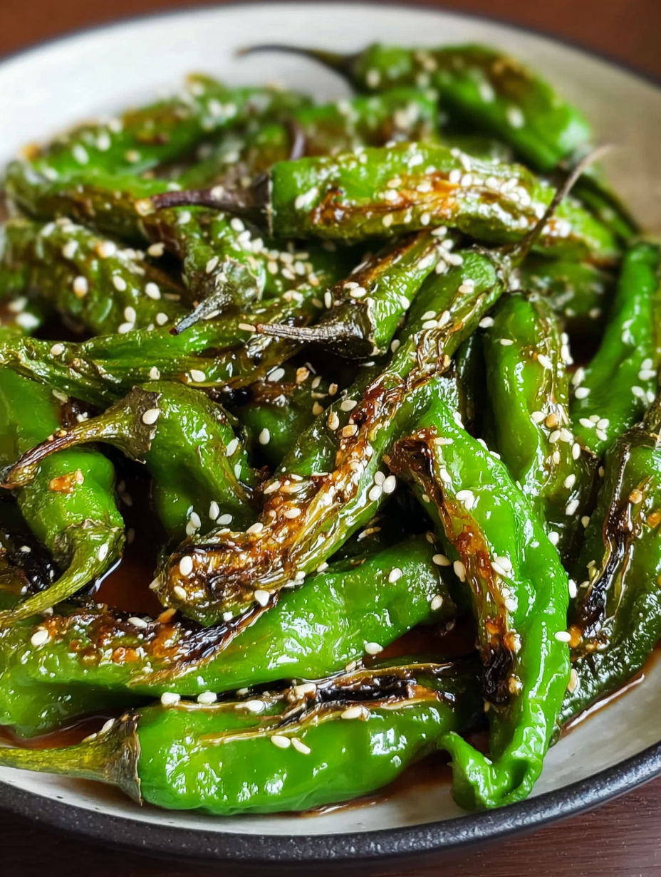 A bowl of peppers with sesame seeds on top.