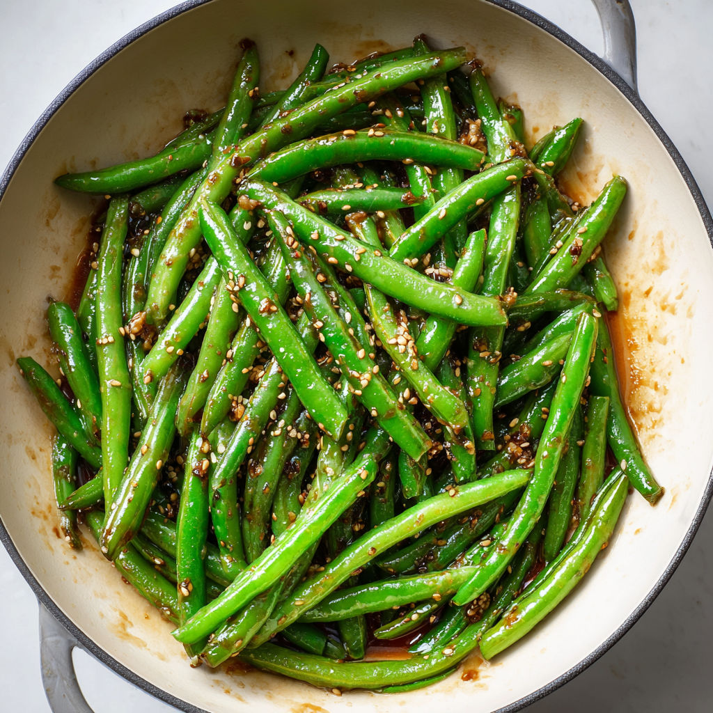 A bowl of green beans with miso sauce.