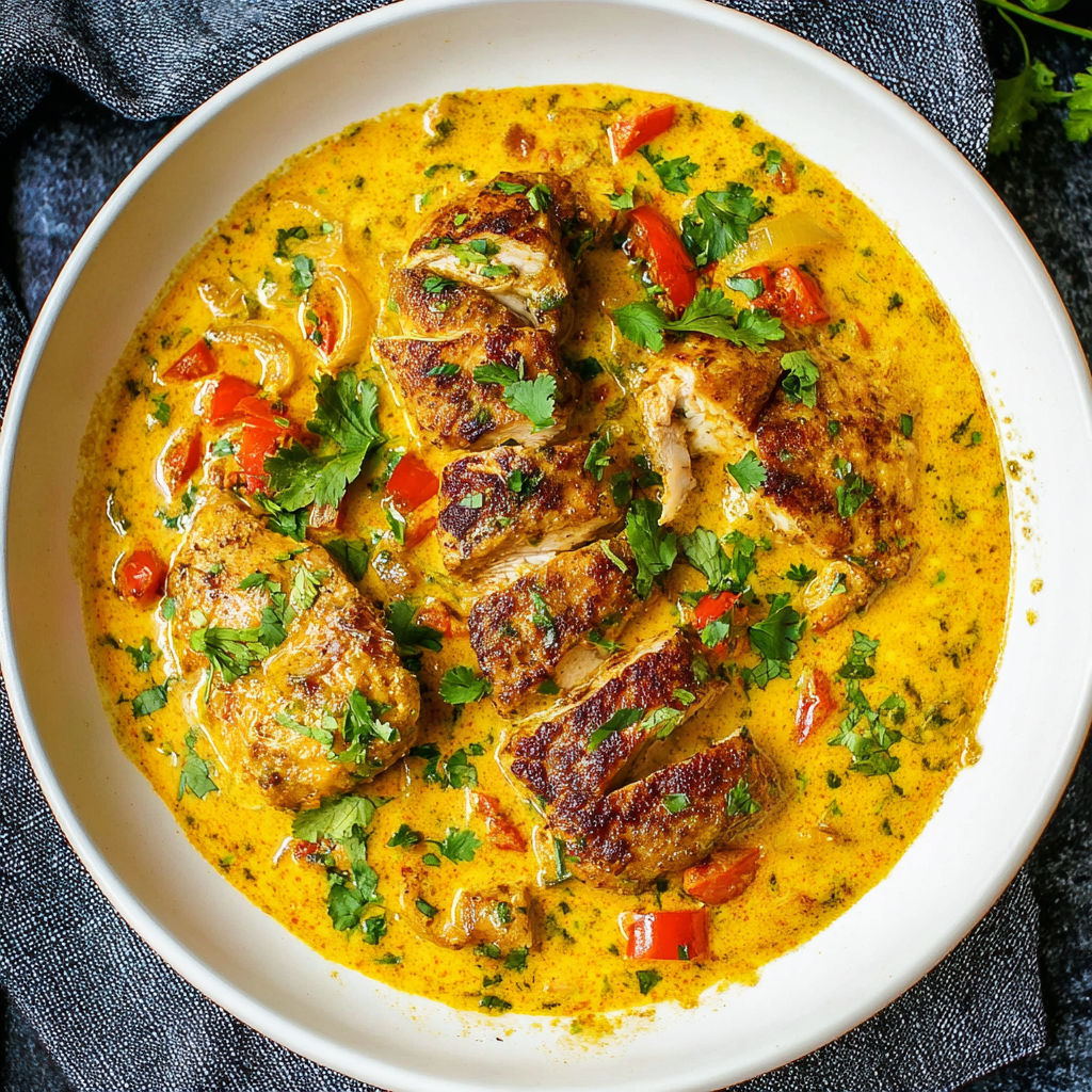 A bowl of chicken with a spicy sauce.
