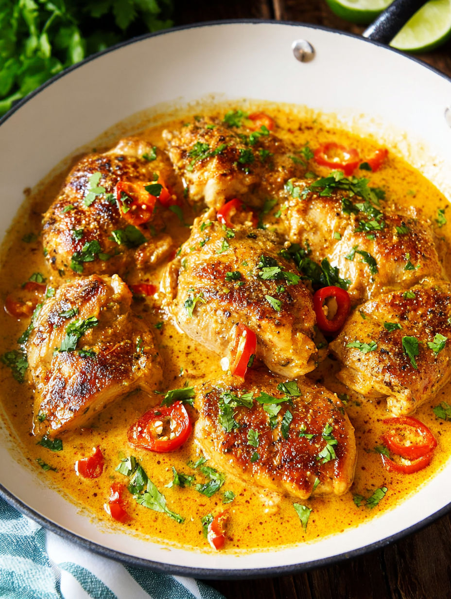 A bowl of chicken with peppers and spices.