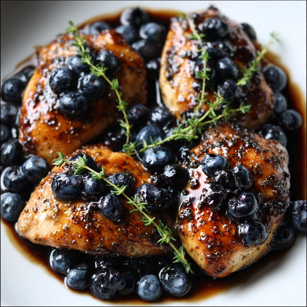 A plate of chicken with blueberries and thyme.
