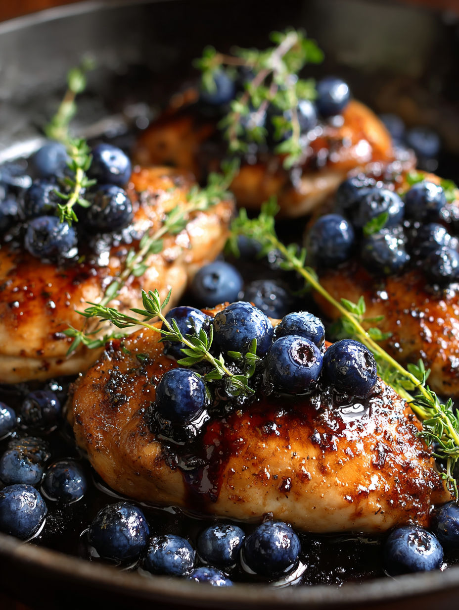A close up of a piece of chicken with blueberries and thyme.