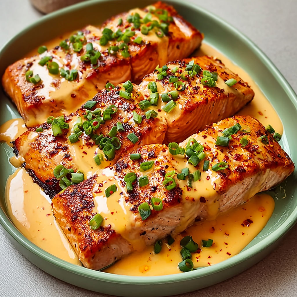 A plate of salmon with sauce on it.