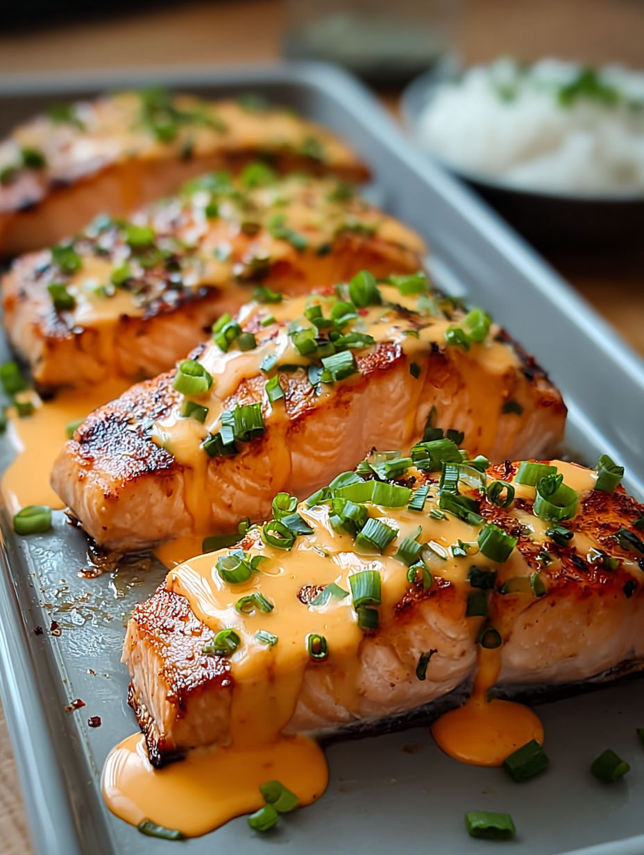 A pan of salmon with a sauce on it.