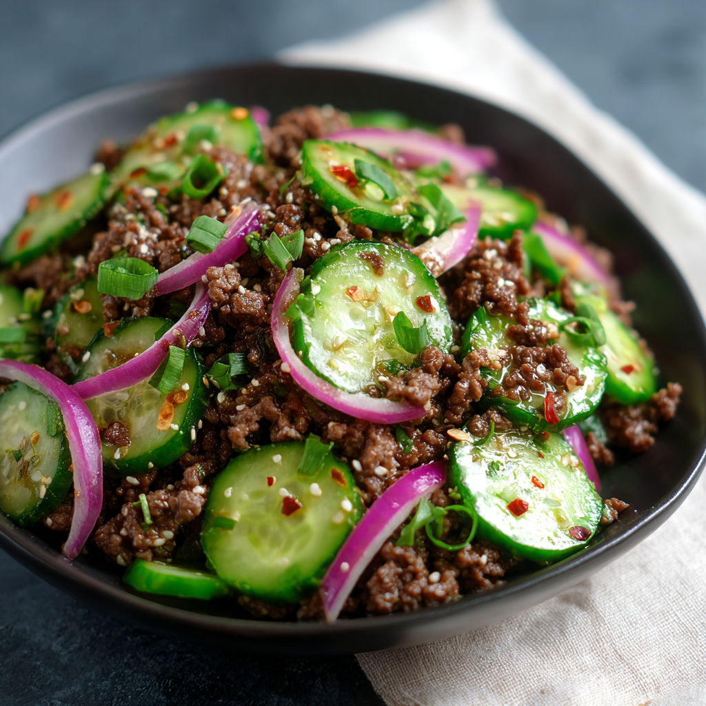 A bowl of spicy keto Korean ground beef with cucumber salad.