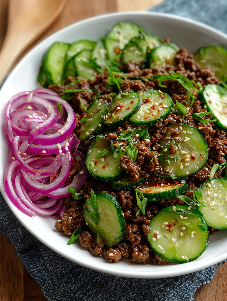 A bowl of spicy keto Korean ground beef with cucumber salad.
