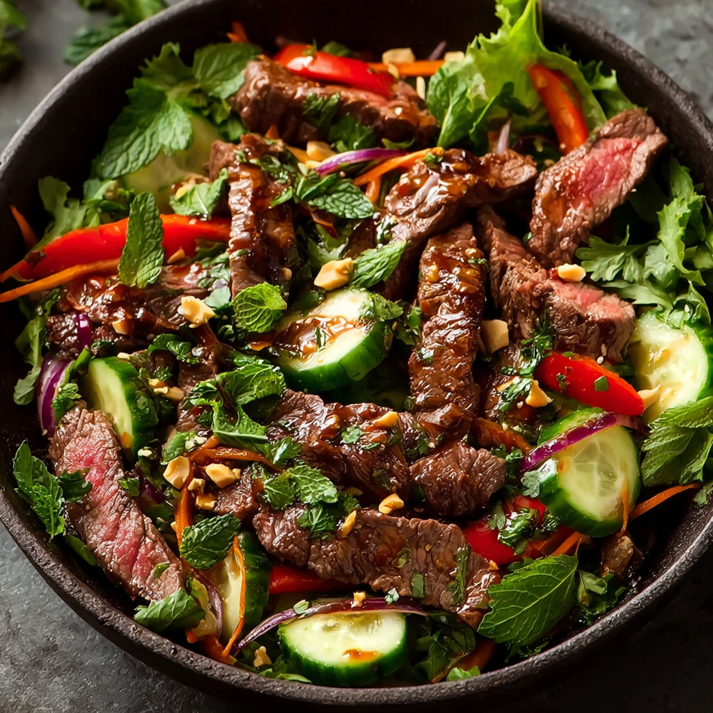 A bowl of Thai beef salad with various vegetables.