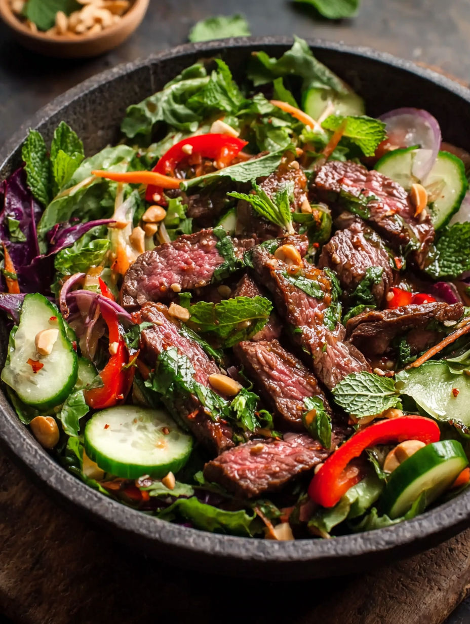 A bowl of Thai beef salad with vegetables.