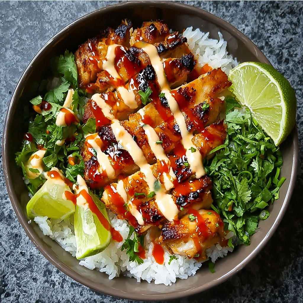 A bowl of Sweet Chili Chicken with Coconut Lime Drizzle.
