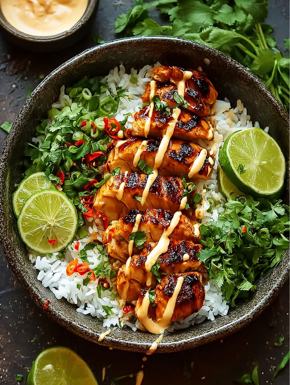 A bowl of Sweet Chili Chicken with Coconut Lime Drizzle.