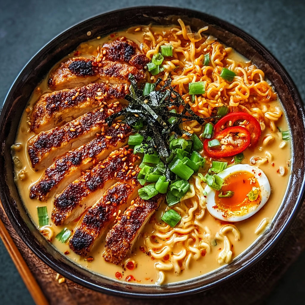 A bowl of spicy chicken ramen with noodles, vegetables, and an egg.