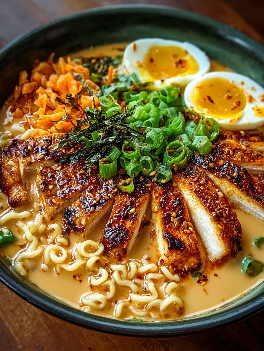 A bowl of spicy chicken ramen with eggs.