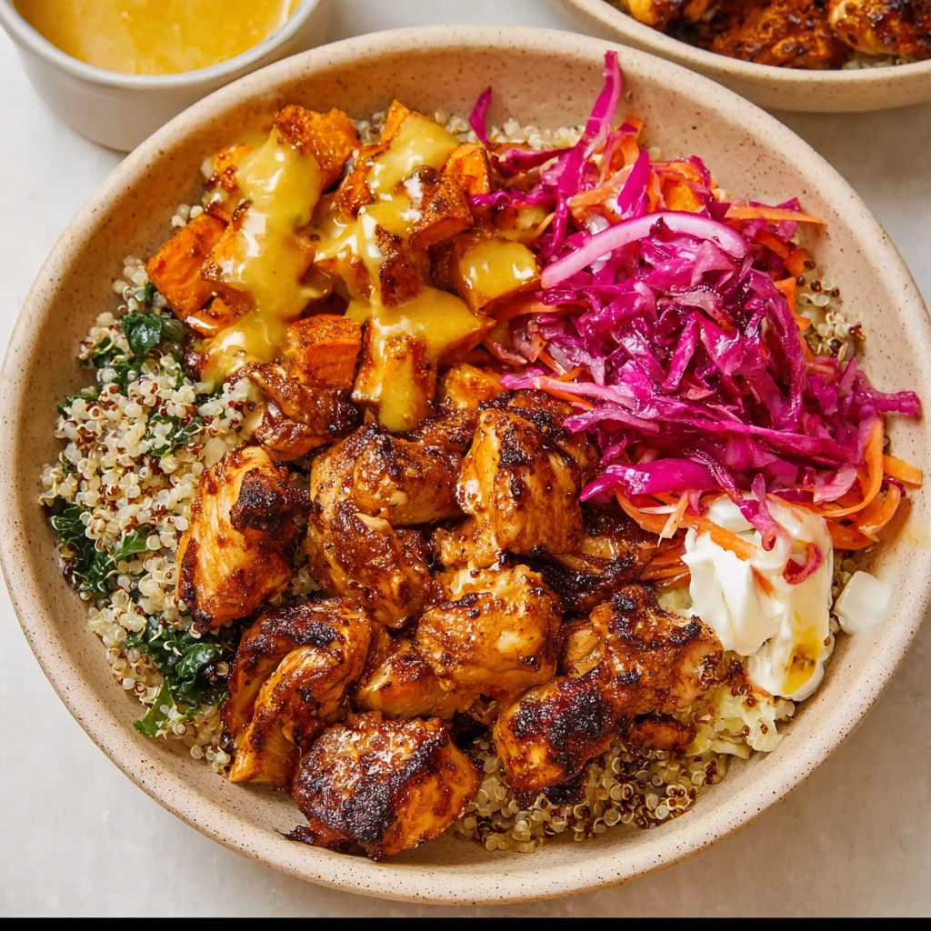 A bowl of food with a variety of ingredients.