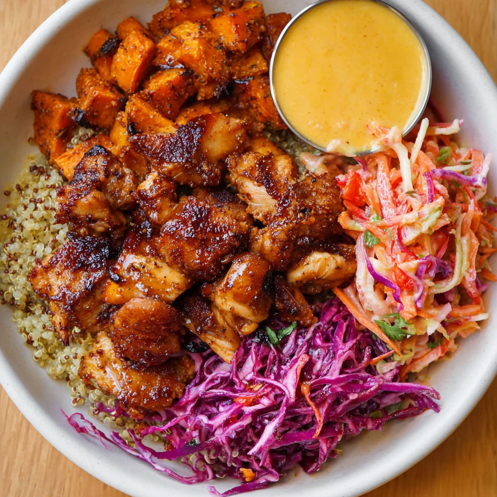 A bowl of food with a sweet green salad, chicken, and honey.