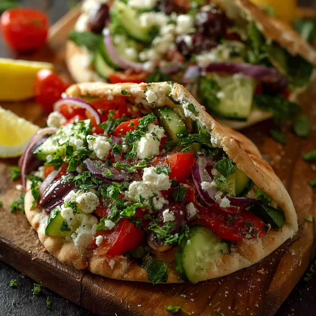 Two Greek salad pita pockets with tomatoes, cucumbers, and feta cheese.