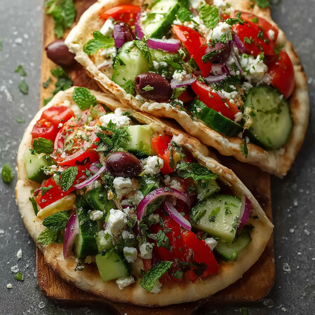 Two pita pockets filled with vegetables and feta cheese.