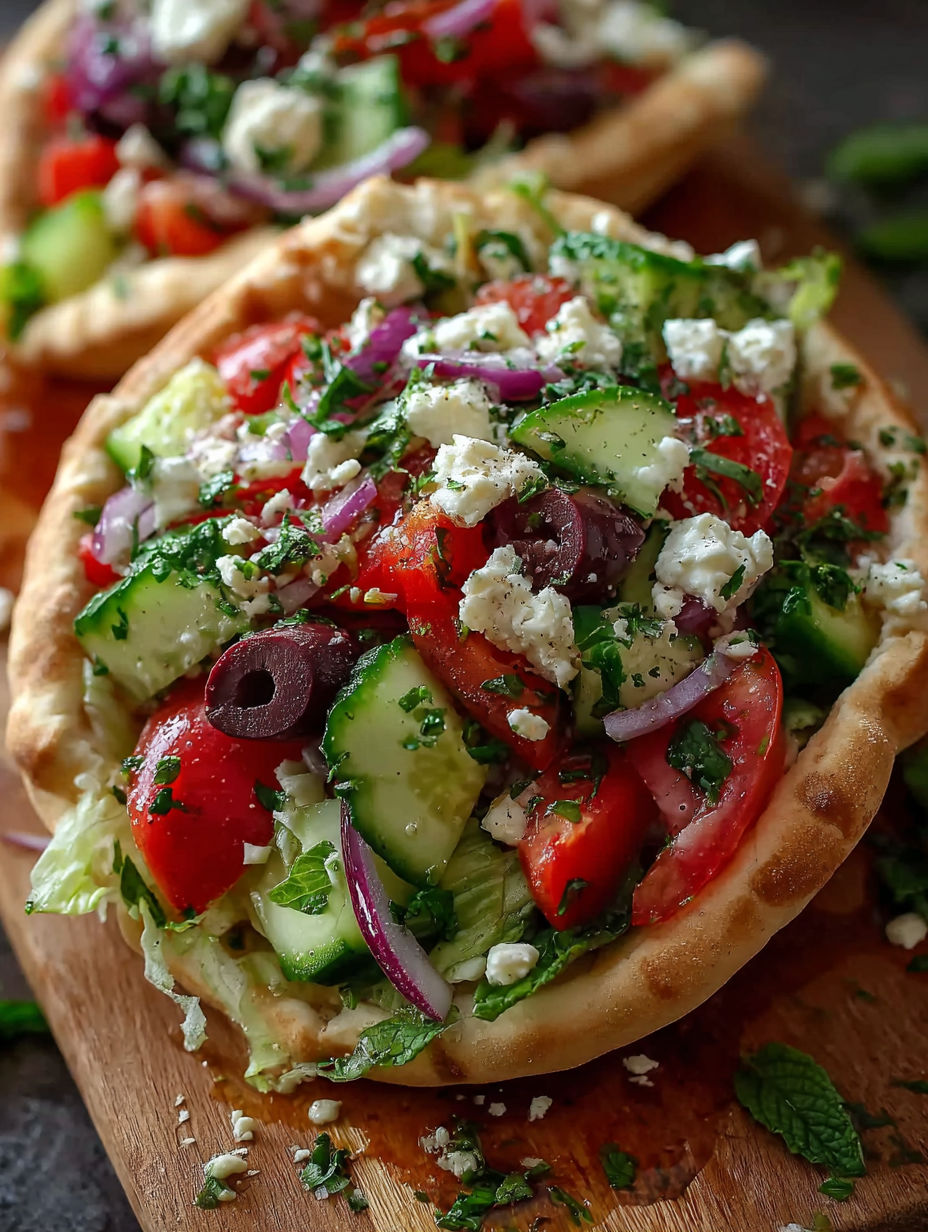 A Greek salad pita pocket with tomatoes, cucumbers, and feta cheese.