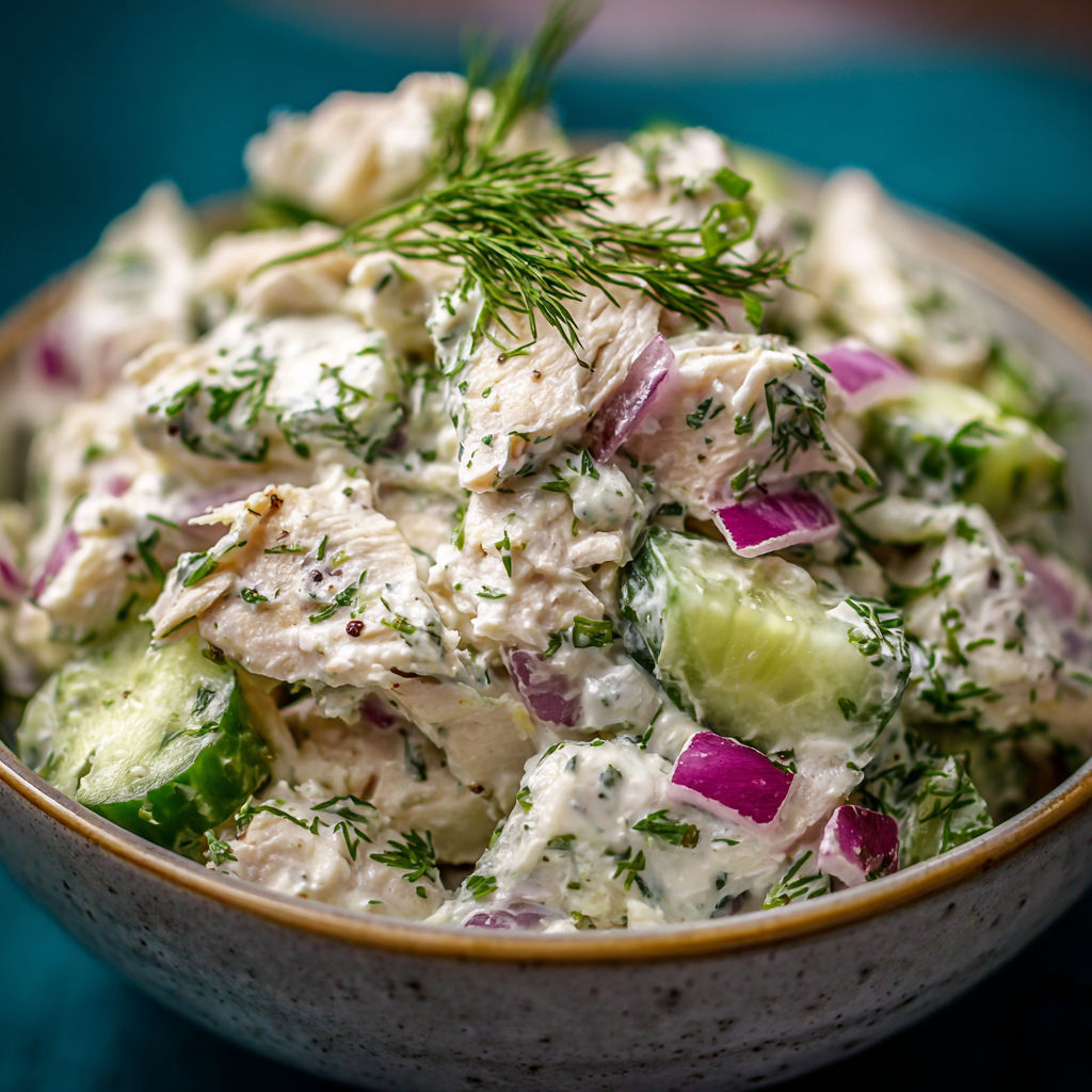 A bowl of chicken salad with cucumbers and parsley.