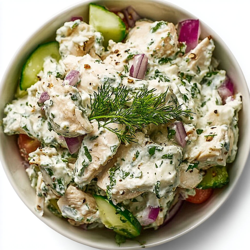 A bowl of chicken salad with cucumbers, onions, and tomatoes.