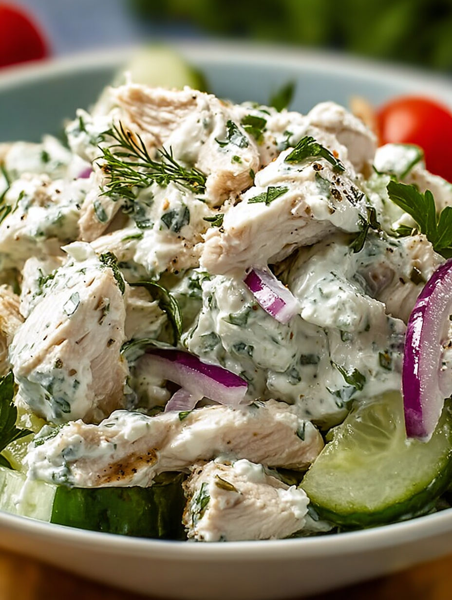 A bowl of chicken salad with onions and cucumbers.