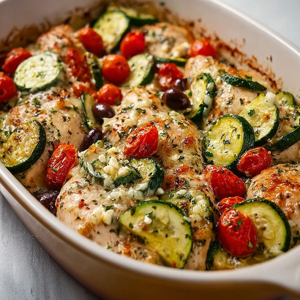 A dish of chicken and zucchini.