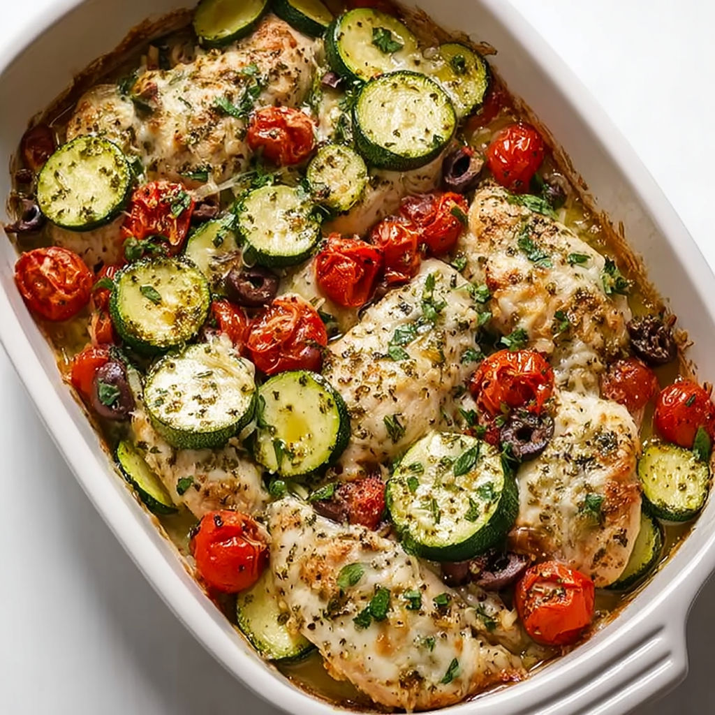 A dish of chicken and zucchini.