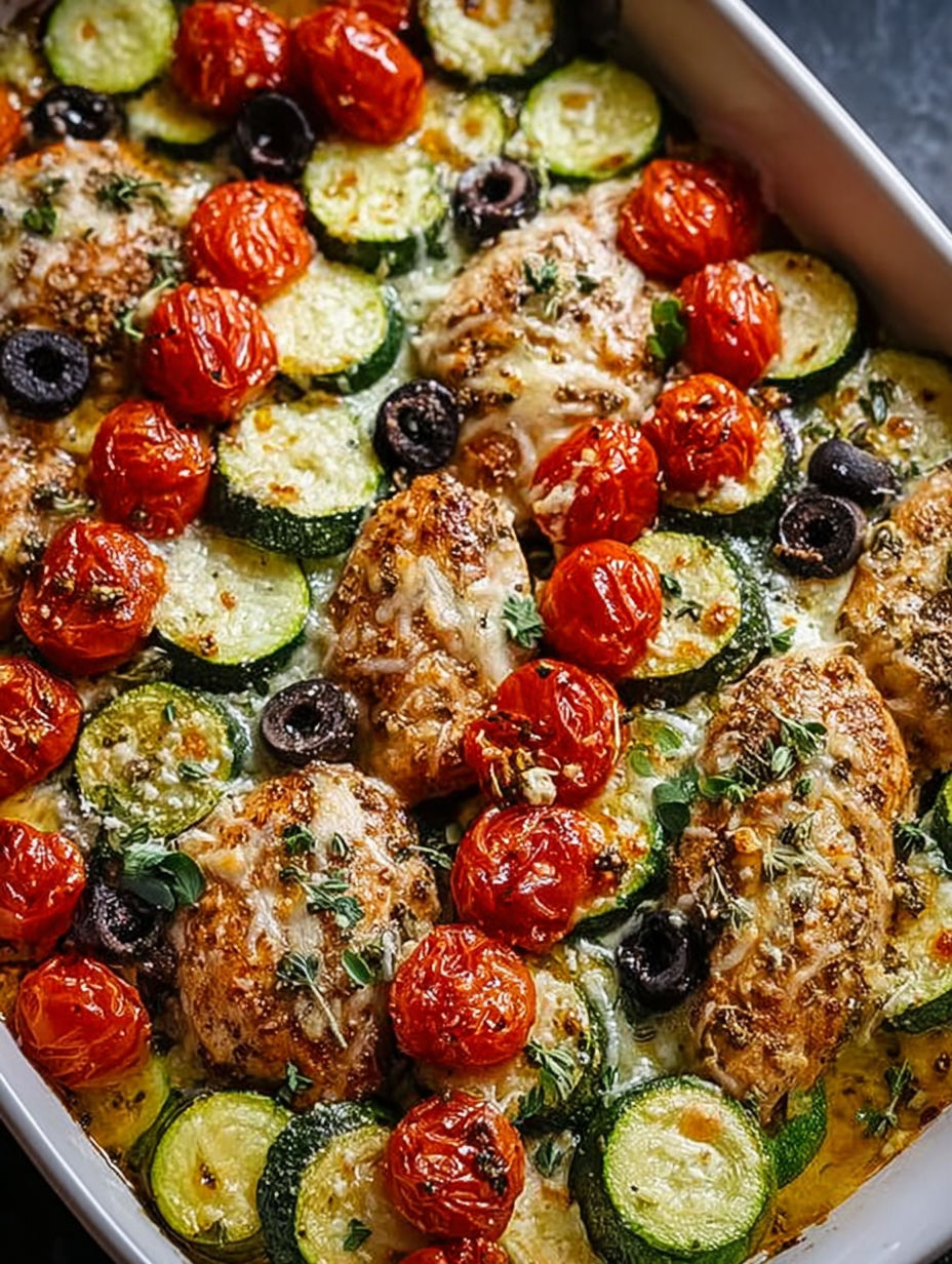 A dish of chicken and zucchini.